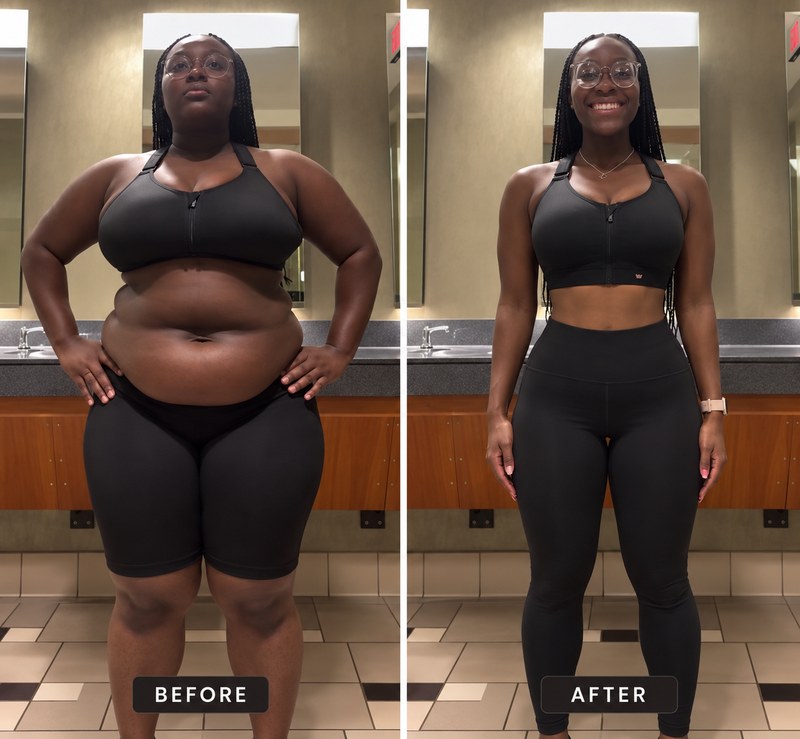 A Black woman with braids in a locker room, in a sports bra and shorts before and leggings after losing weight
