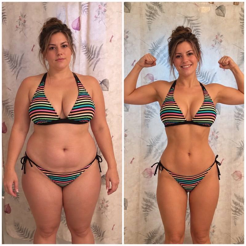 A woman in a striped bikini before and after losing weight, flexing her arms in the after picture