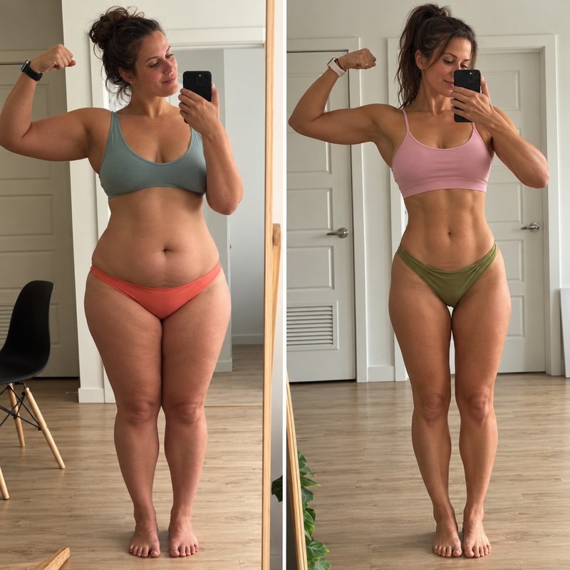 A woman flexing in a mirror selfie in a sports bra, before and after losing weight