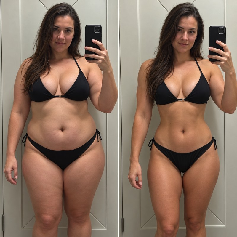 A dark-haired woman taking a mirror selfie in a black bikini, before and after losing weight