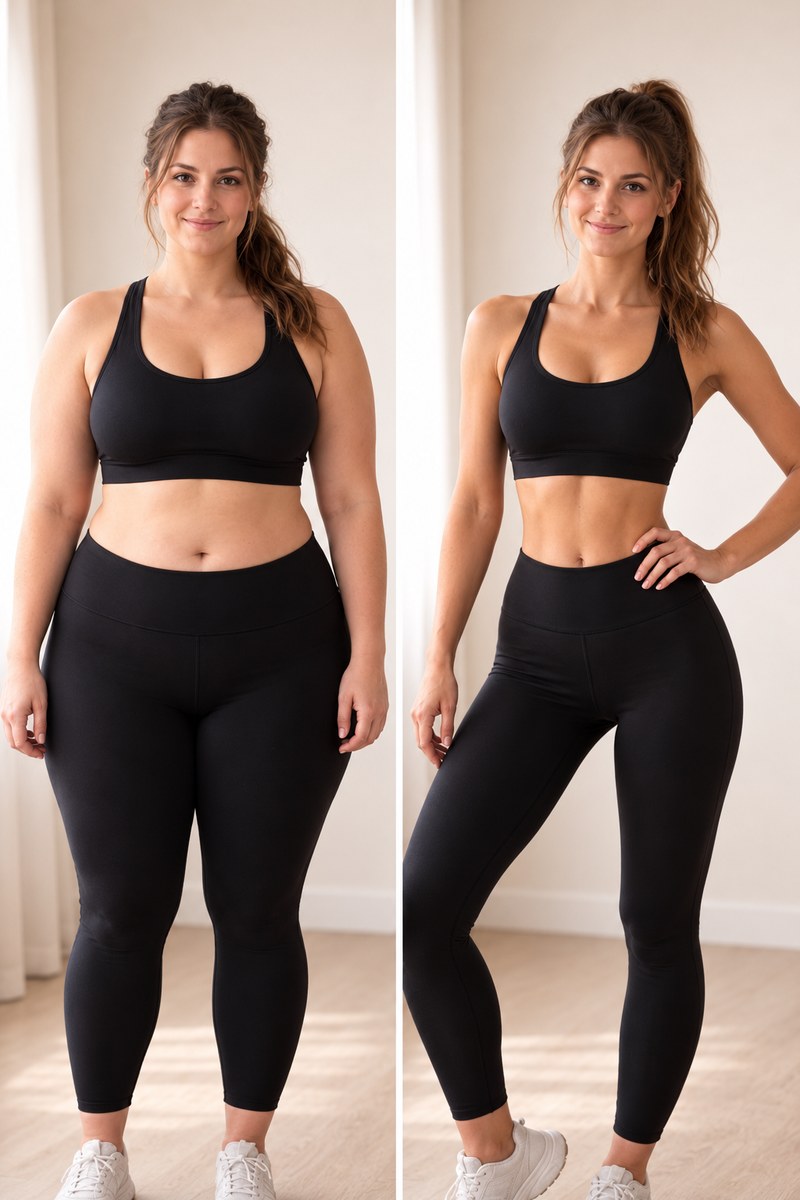 A woman in a black sports bra, leggings and sneakers, before and after losing weight