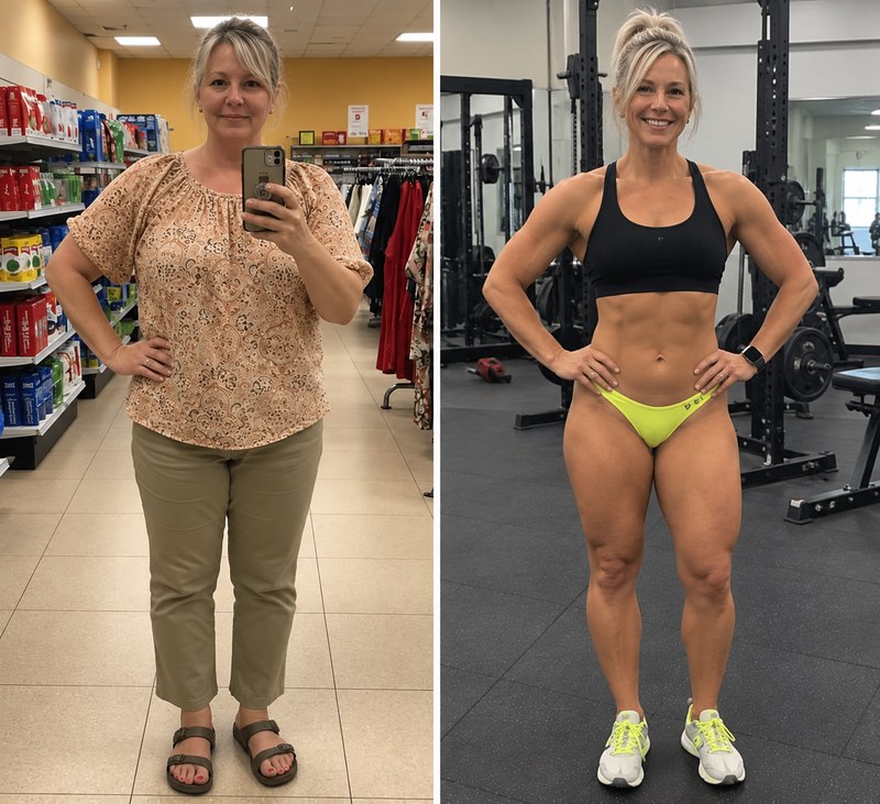 A blonde woman in her fifties in a store mirror selfie, then in a gym in workout clothes after losing weight