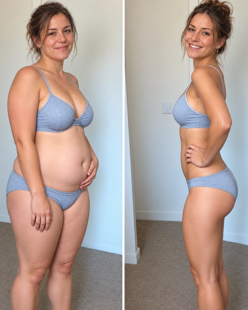 A woman with her hair in a bun, in a blue bikini, before and after losing weight