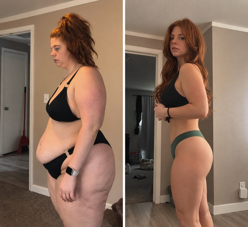 A red-haired woman seen from the side in a bedroom, before and after losing weight