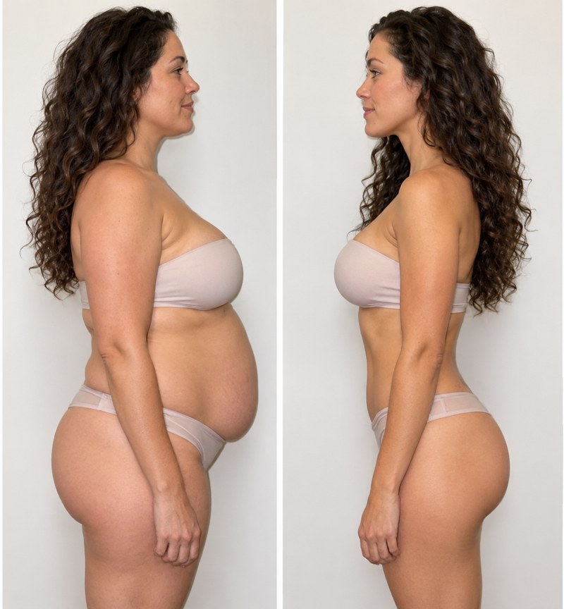 A woman with long curly hair seen from the side, before and after losing weight