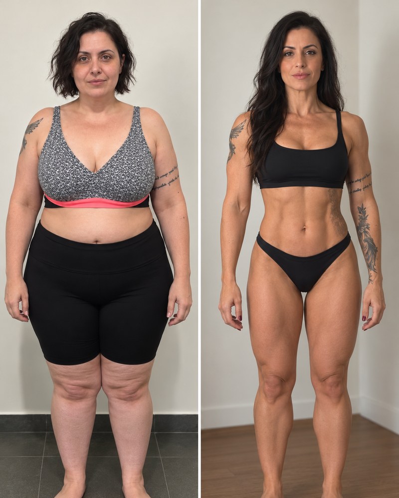 A woman with arm tattoos in a sports bra and shorts, before and after losing weight and building muscle