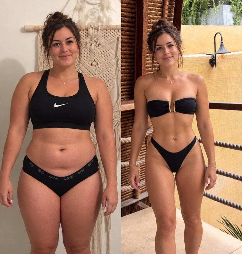A woman with her hair in a bun in a sports bra and briefs, before and after losing weight