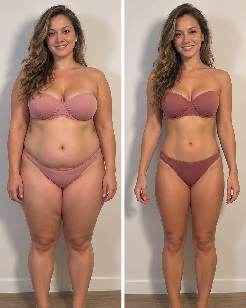 A woman with long wavy hair in a pink bikini, before and after losing weight