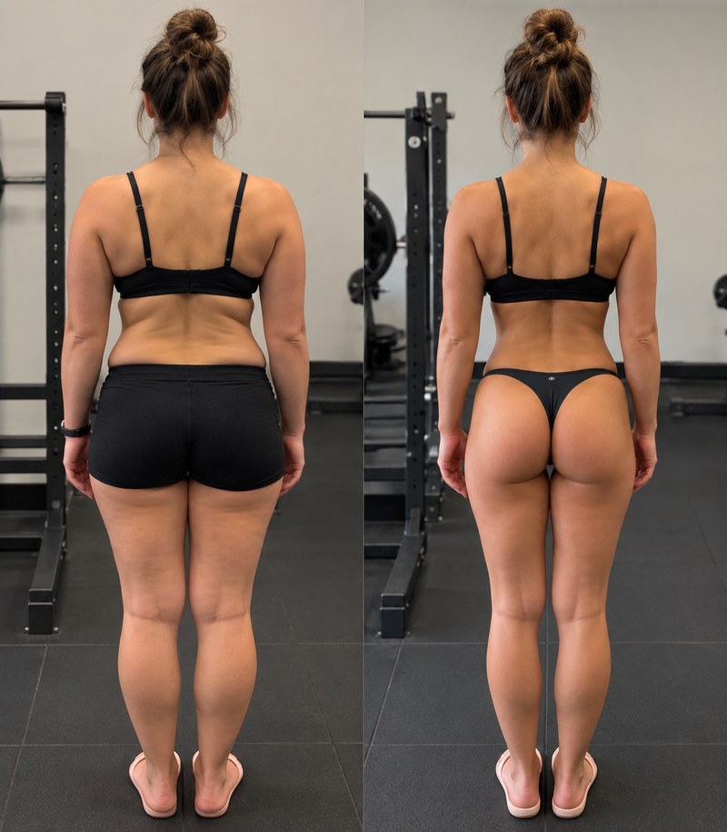 A woman seen from behind in a gym, before and after losing weight