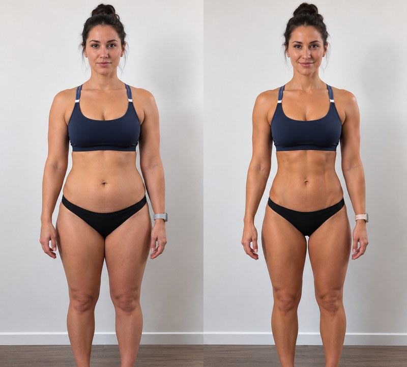 A woman with dark hair in a navy sports bra, before and after losing weight