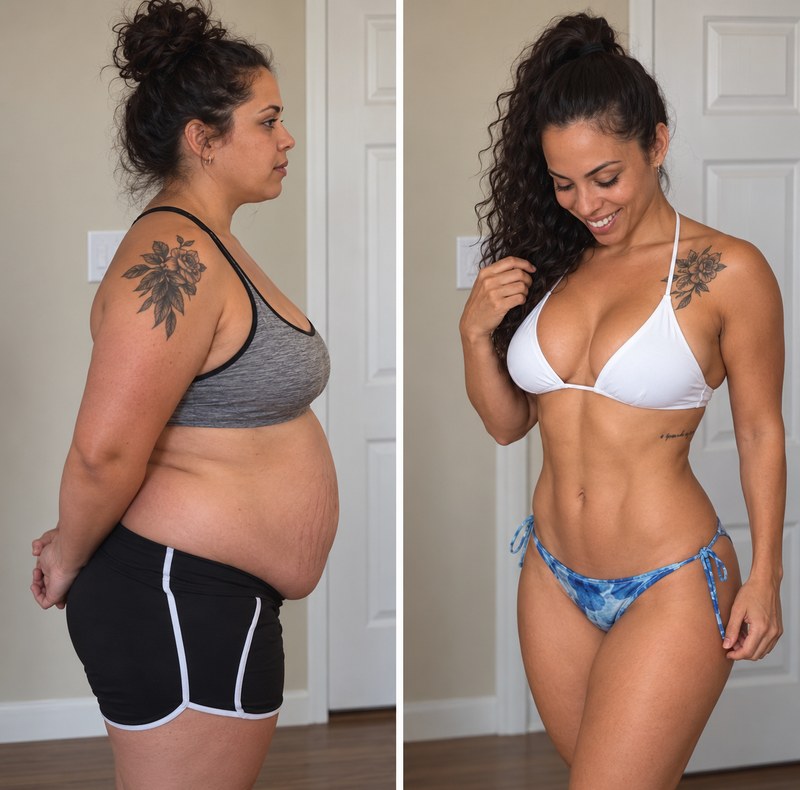 A woman with a shoulder tattoo seen from the side, before and after losing weight