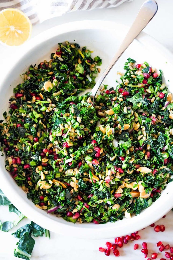Kale Farro Salad With Almonds And Pomegranate