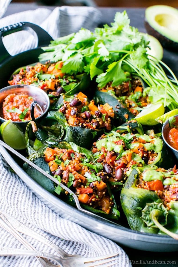 Roasted Stuffed Poblanos With Smoky Quinoa, Sweet Potatoes And Black Beans