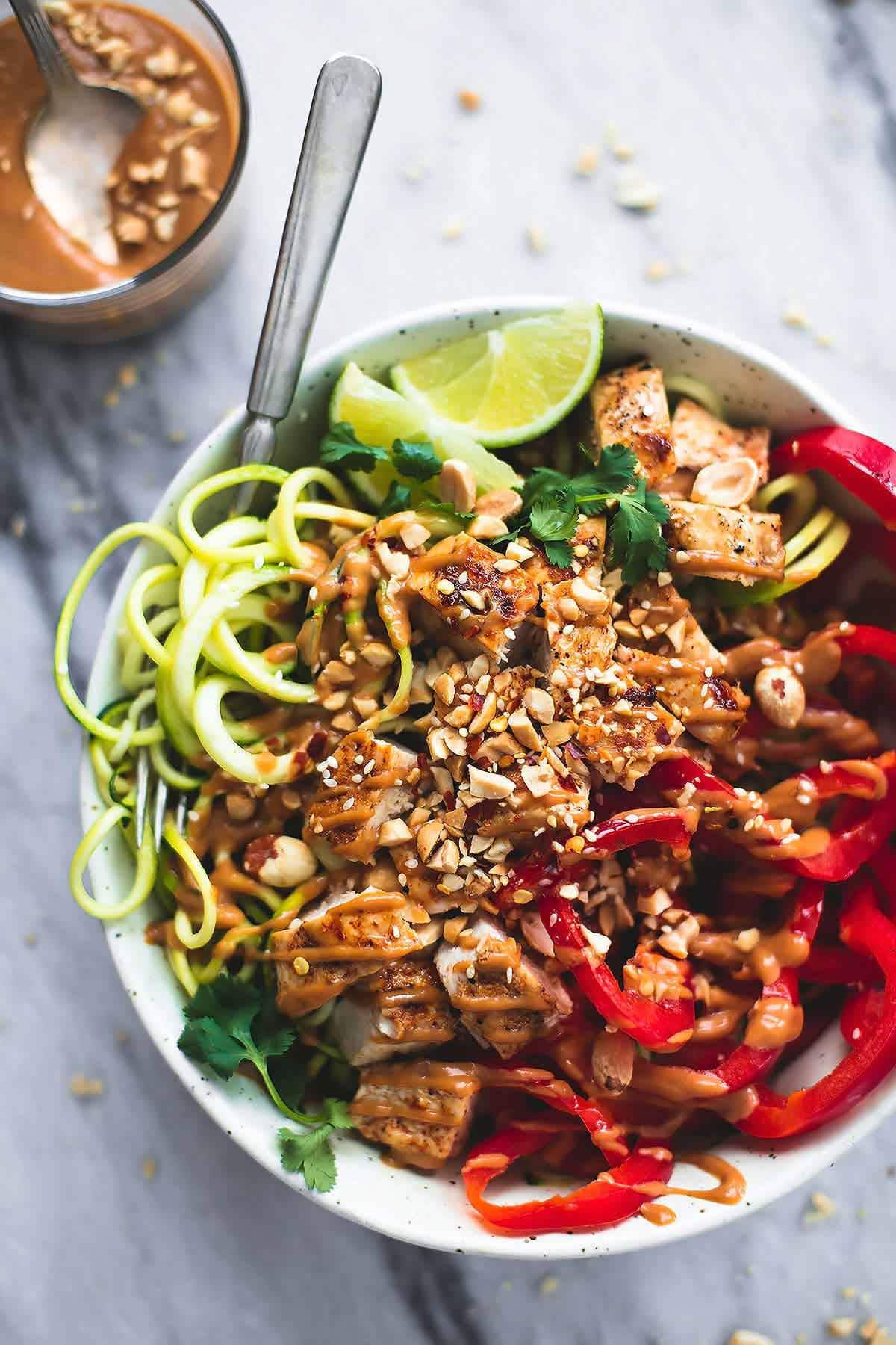 Thai Peanut Chicken And Zucchini Noodle Bowl
