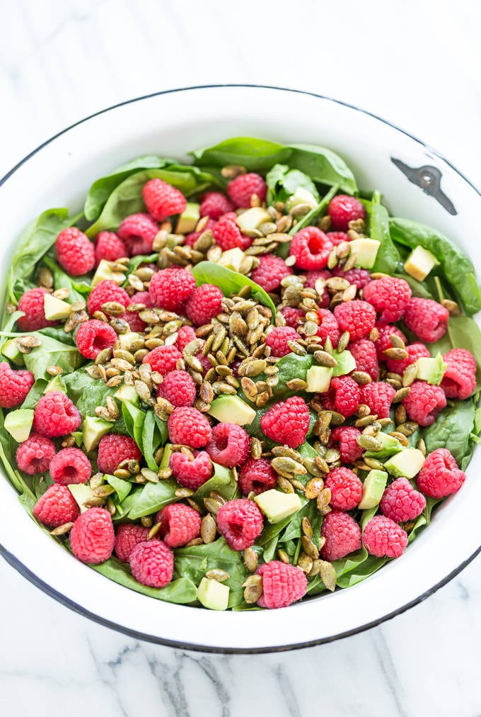 Raspberry Spinach Salad With Caramelized Garam Masala Pumpkin Seeds