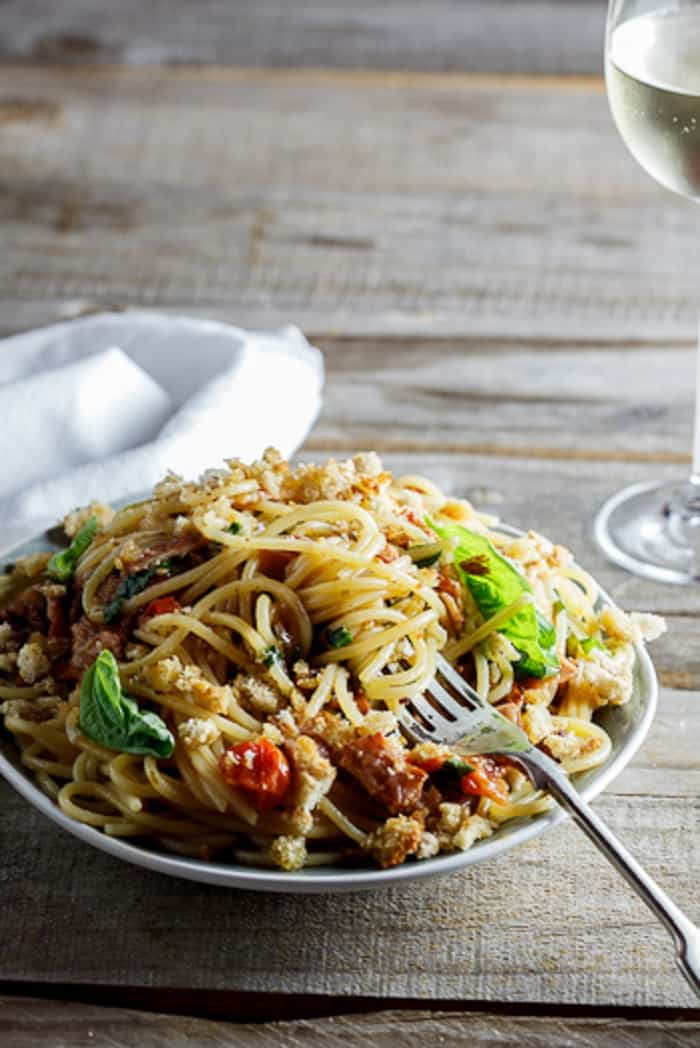 Pasta With Roasted Tomatoes, Bacon & Oregano Breadcrumbs