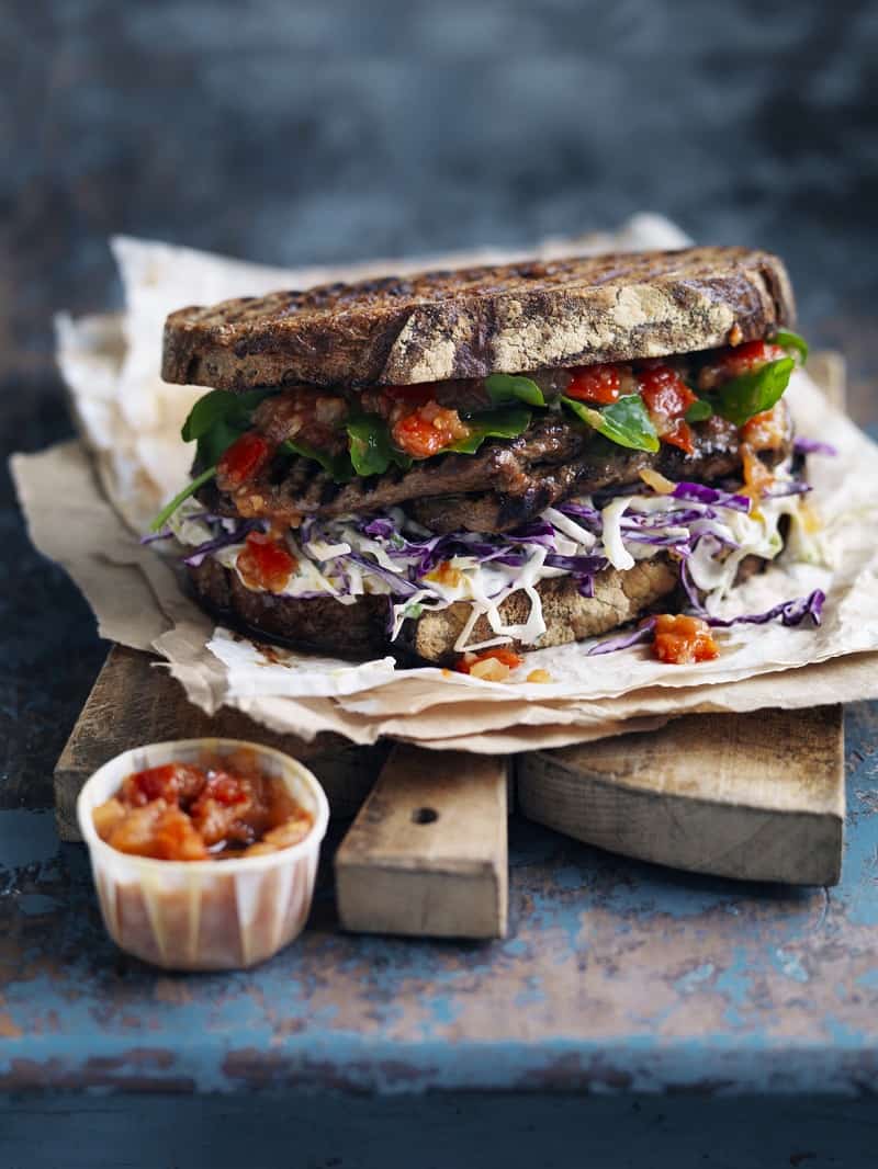 Steak Sandwich With Coleslaw And Tomato Chilli Relish