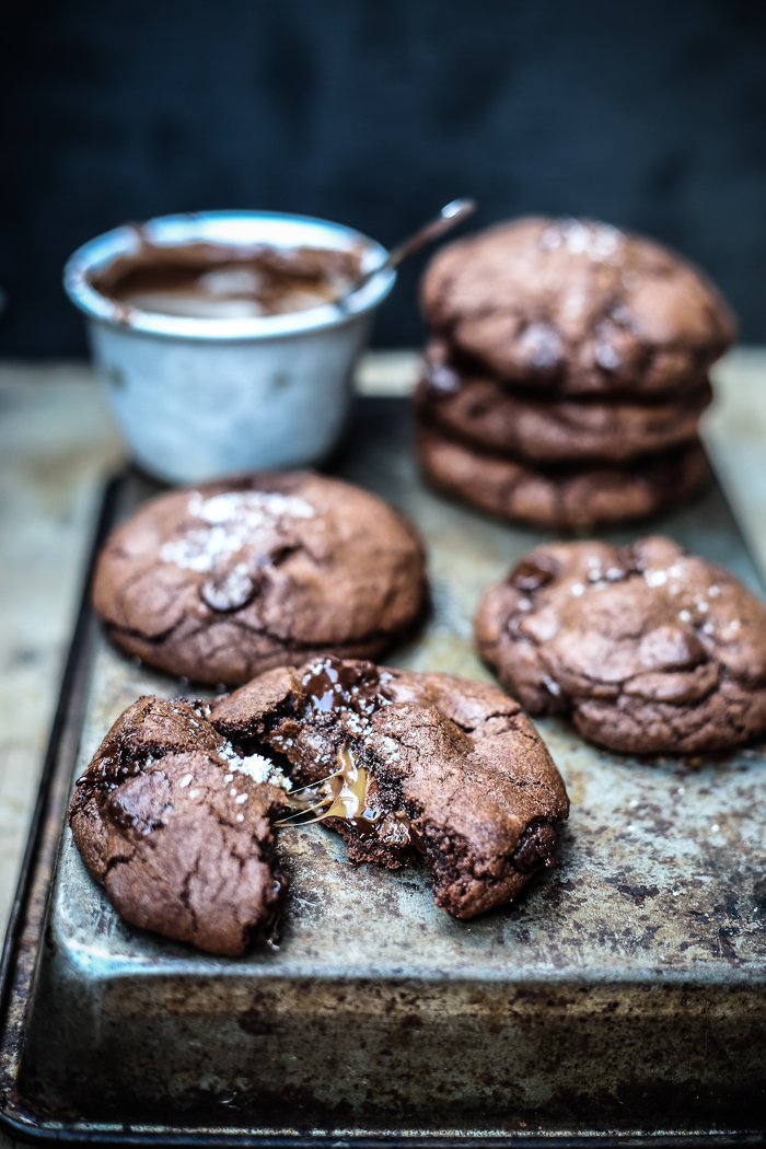 Salted Caramel + Nutella Stuffed Double Chocolate Chip Cookies