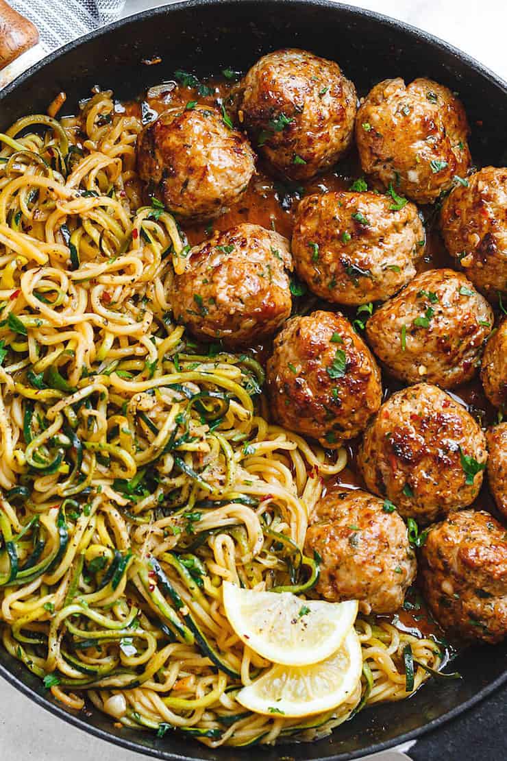 Garlic Butter Turkey Meatballs with Lemon Zucchini Noodles