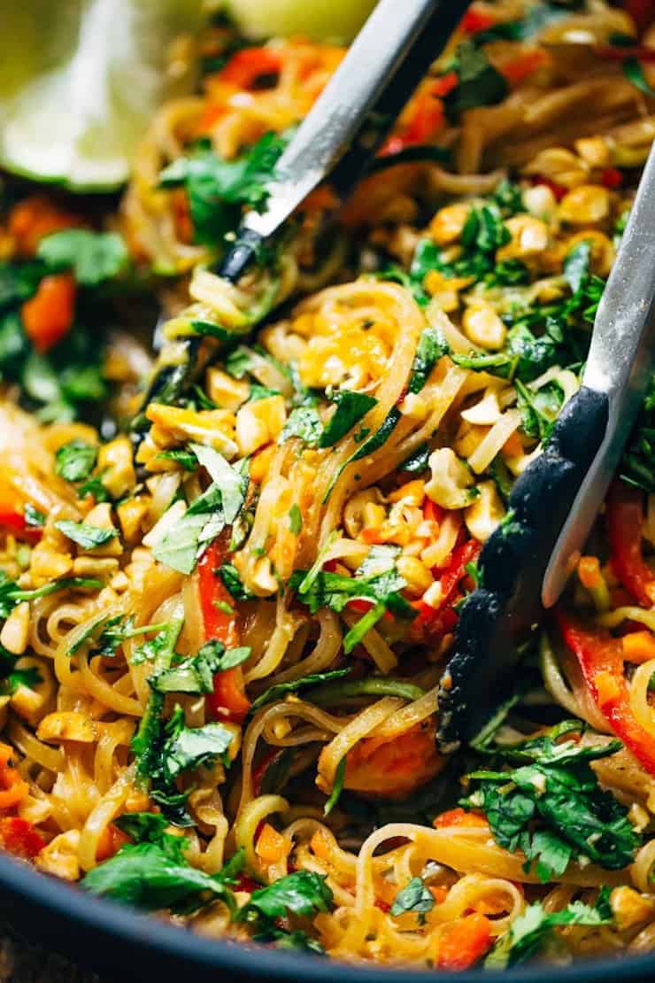 Rainbow Vegetarian Pad Thai with Peanuts and Basil