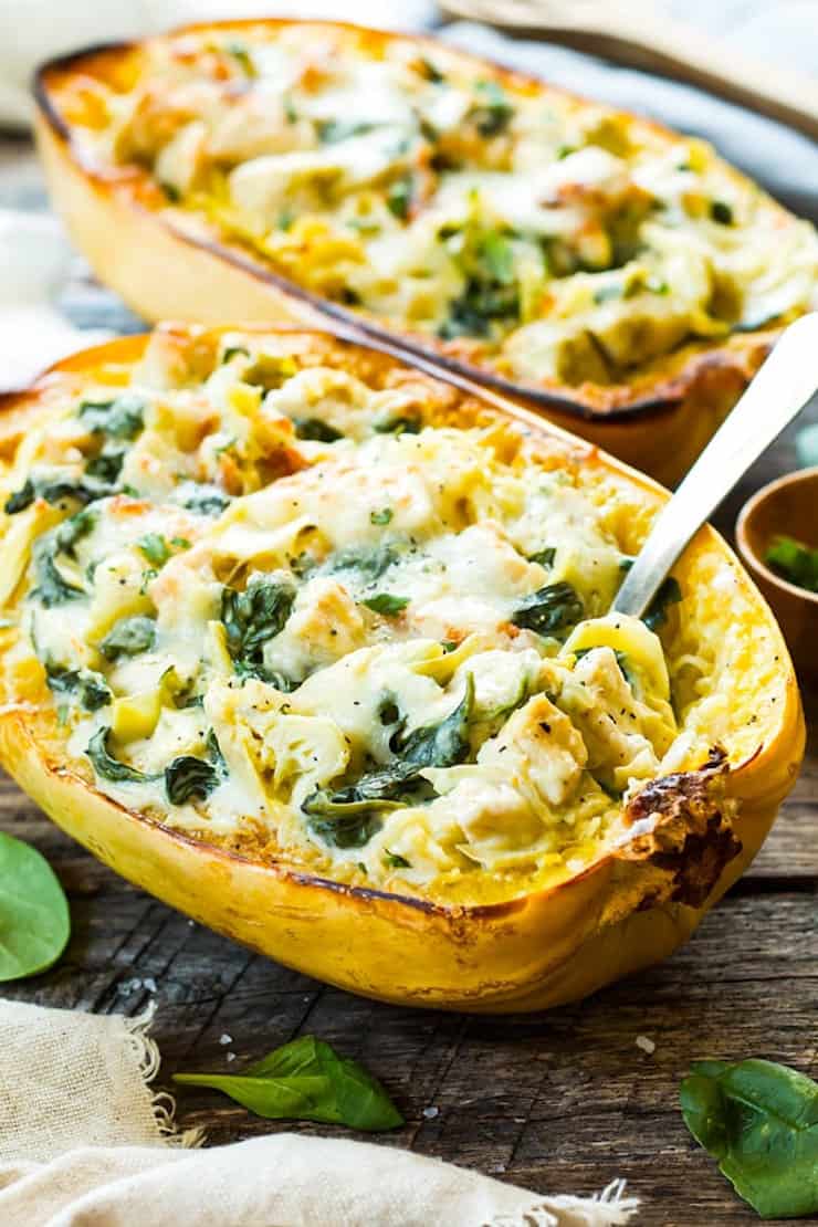 Spinach Artichoke Spaghetti Squash Boats with Chicken