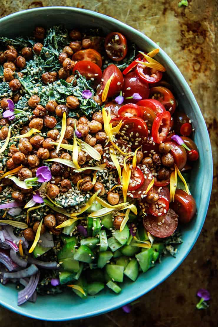 Tahini Kale salad with Crispy Chickpeas