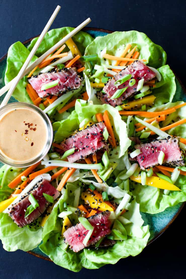 Sesame Ahi Tuna Lettuce Wraps With Spicy Peanut Sauce