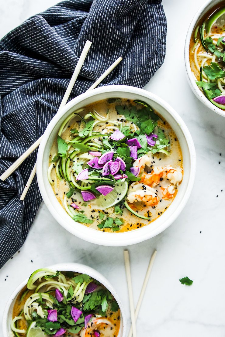 Thai Coconut Green Curry Soup With Zucchini Noodles & Shrimp