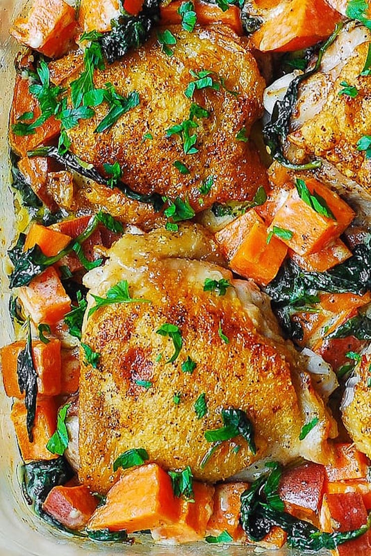 Baked Chicken Thighs and Sweet Potatoes with Spinach In Creamy Parmesan Sauce