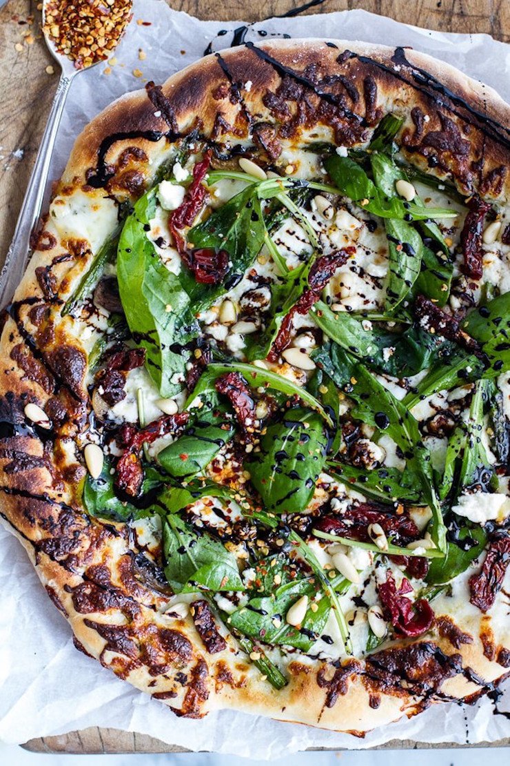 Mushroom + Asparagus White Burrata Cheese Pizza With Balsamic Drizzle