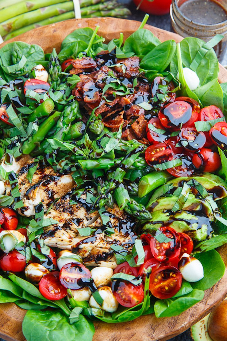 Grilled Chicken and Asparagus Caprese Spinach Salad with Bacon and Avocado