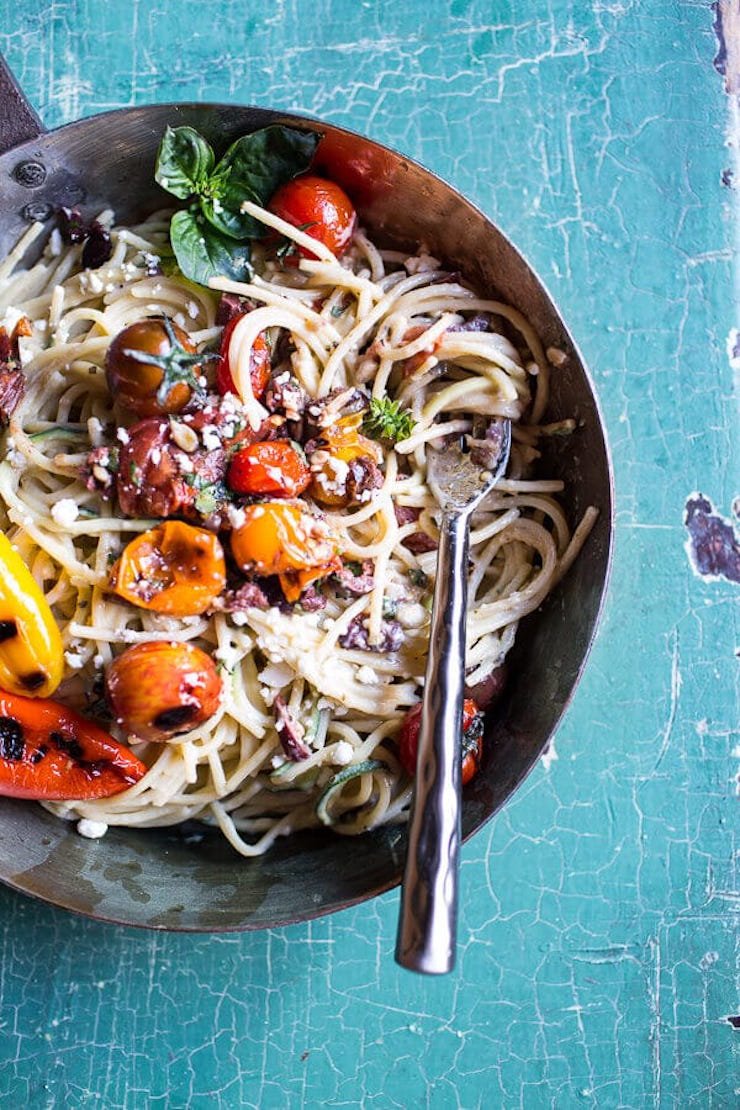 Mediterranean Hummus Noodles With Blistered Cherry Tomatoes