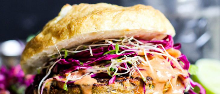 Asian Veggie Burgers with Mango Cabbage Slaw