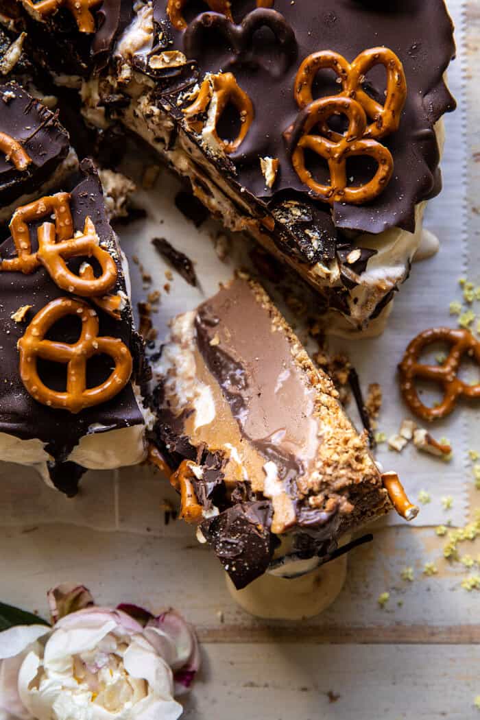 Fudgy Chocolate Peanut Butter Ice Cream Pretzel Cake