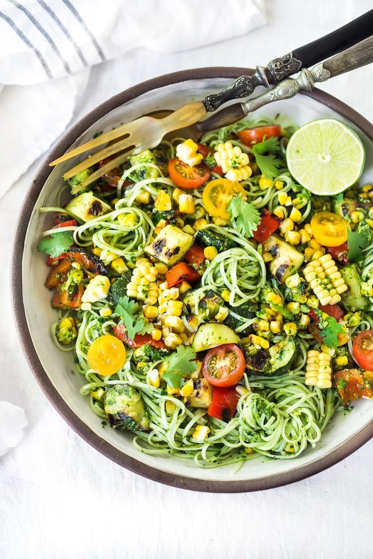 Summer Pasta Salad w/ Grilled Zucchini, Corn and Cilantro Pesto