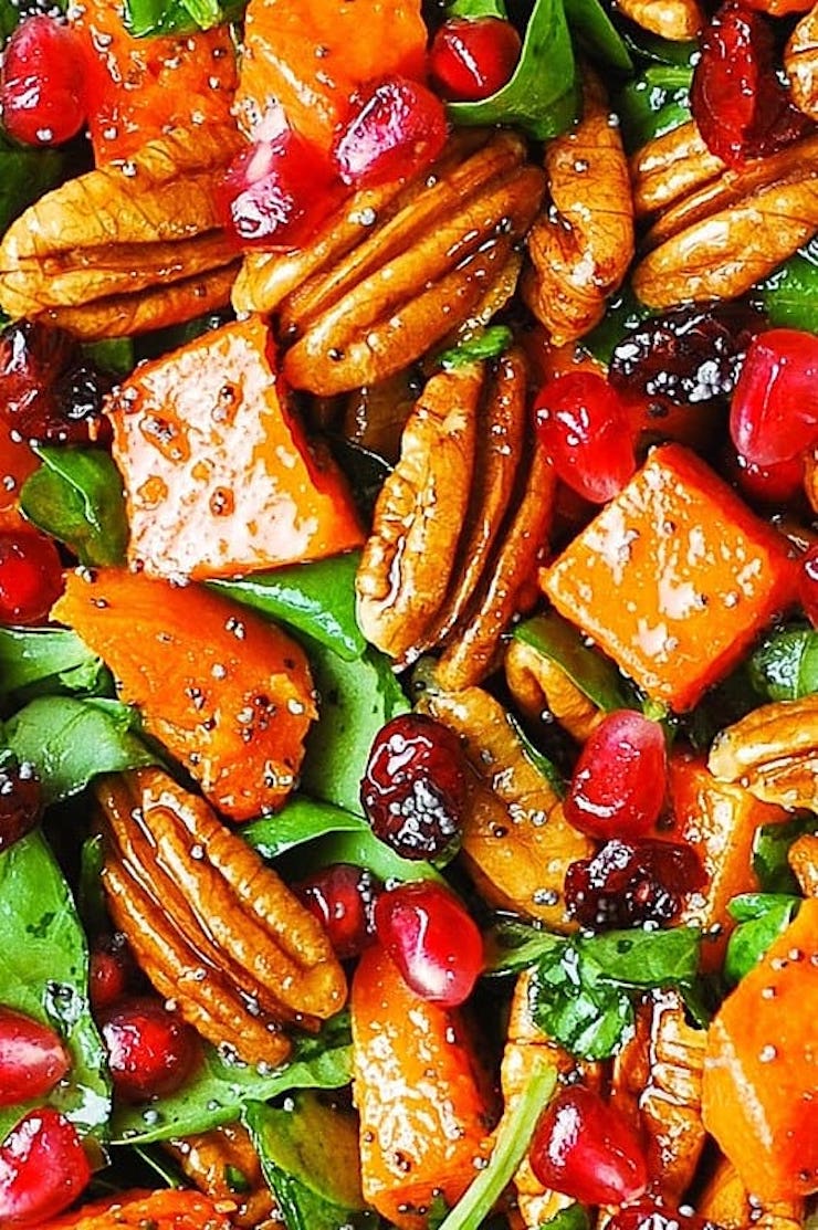 Butternut Squash and Spinach Salad with Pecans, Cranberries, Pomegranate
