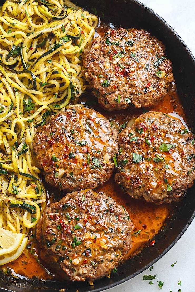 Cheesy Garlic Burgers with Lemon Butter Zucchini Noodles